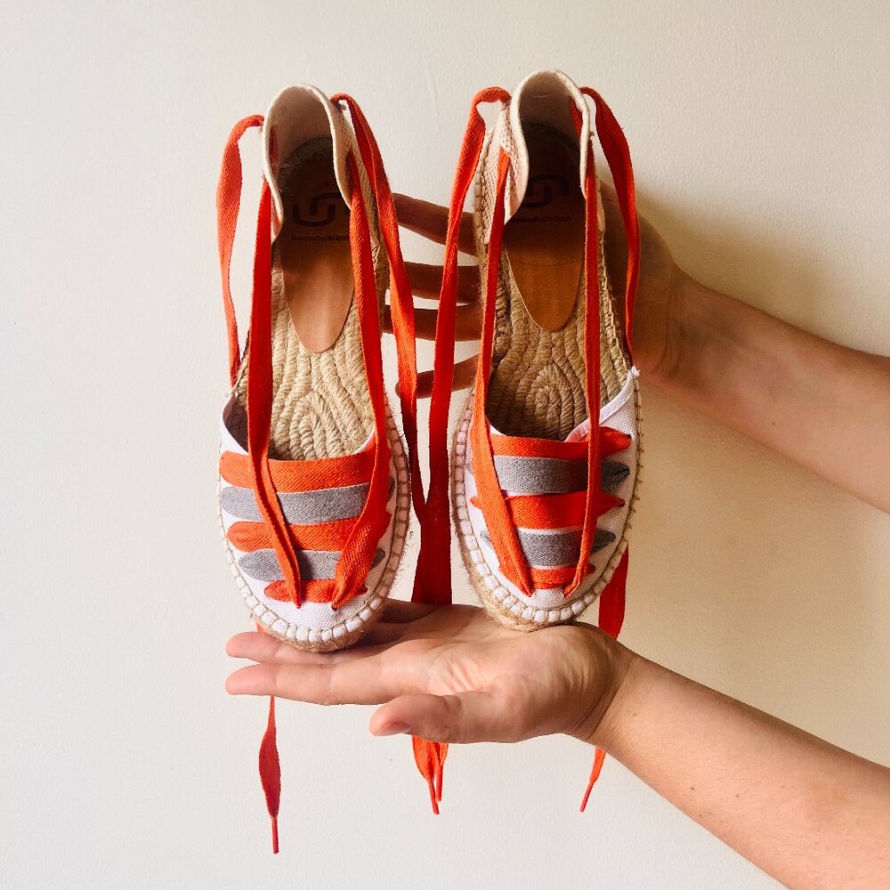 Orange Gray and White Ankle Wrap Espadrilles Handmade in Spain